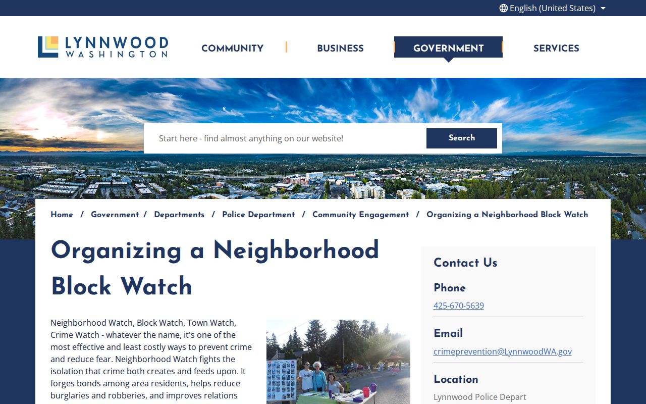 City of Lynnwood Neighborhood Block Watch community engagement page