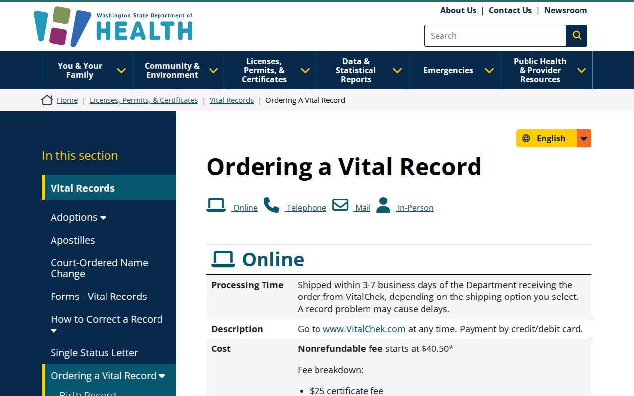 Washington Department of Health vital-record ordering options for North Lynnwood research